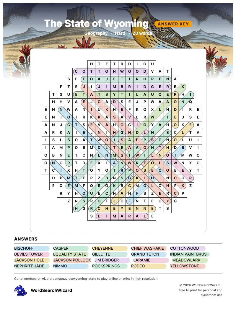 The State of Wyoming word search answer key, all 20 words marked