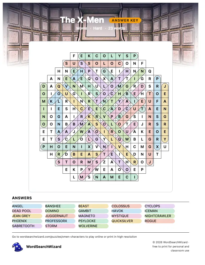 The X-Men word search answer key, all 23 words marked