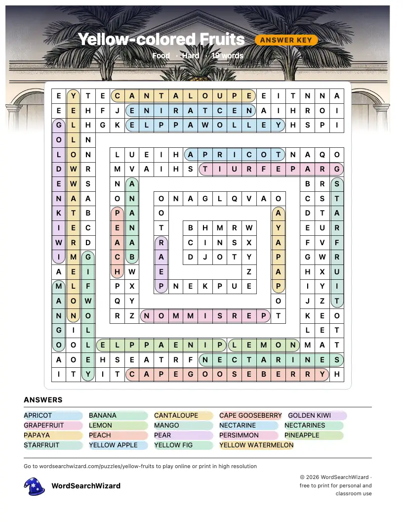 Yellow-colored Fruits word search answer key, all 19 words marked