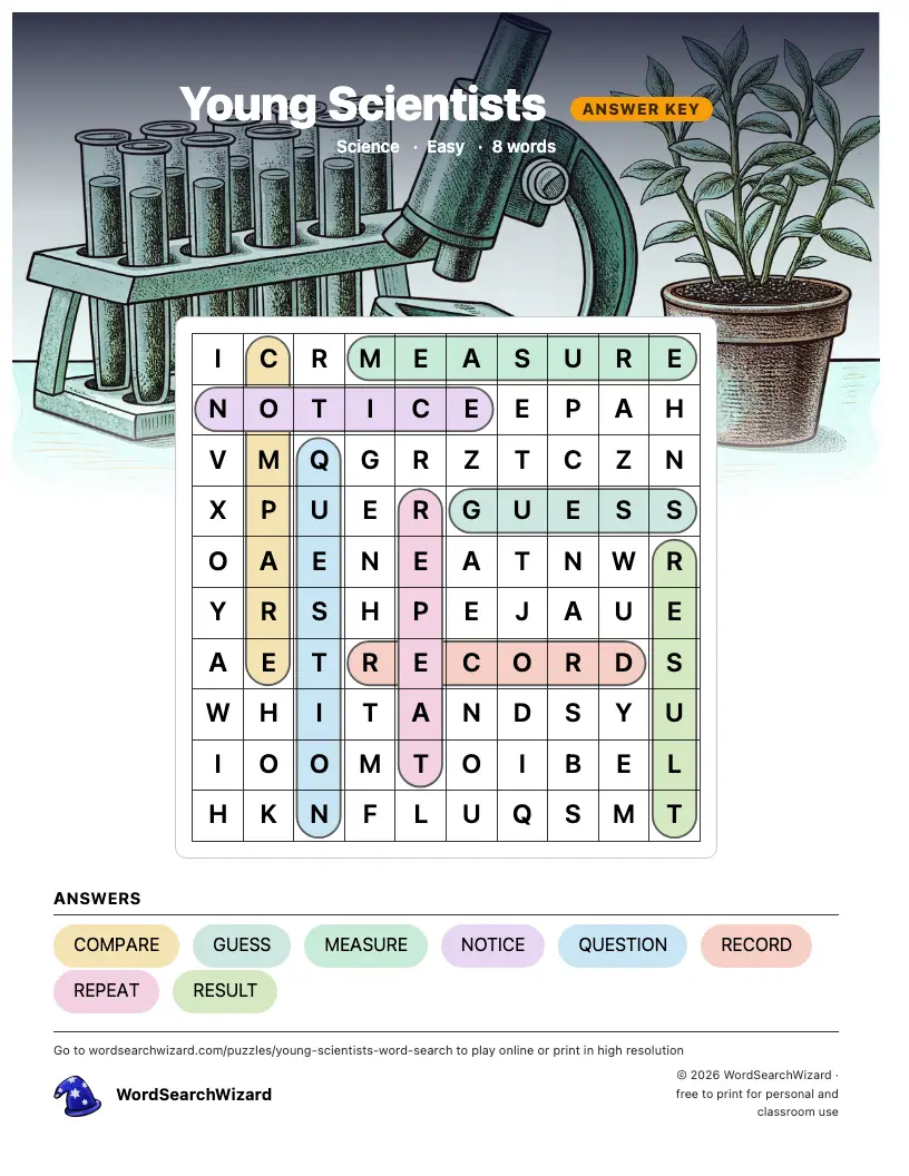 Young Scientists word search answer key, all 8 words marked