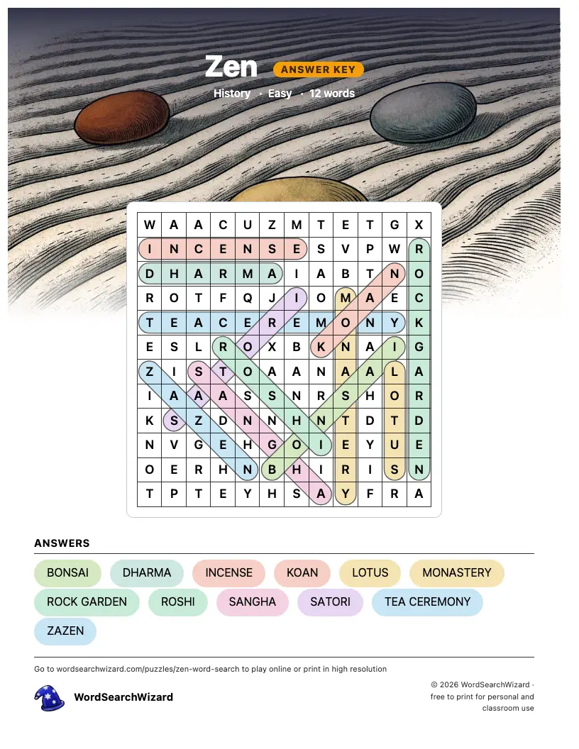 Zen word search answer key, all 12 words marked