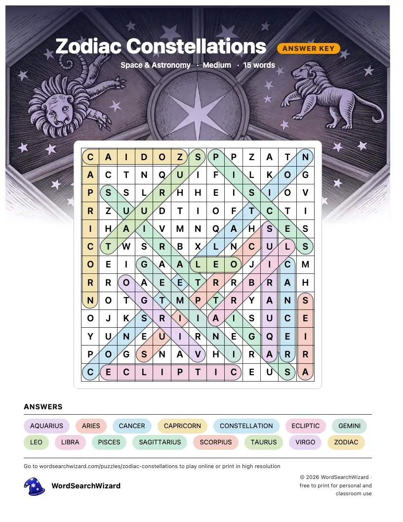 Zodiac Constellations word search answer key, all 15 words marked