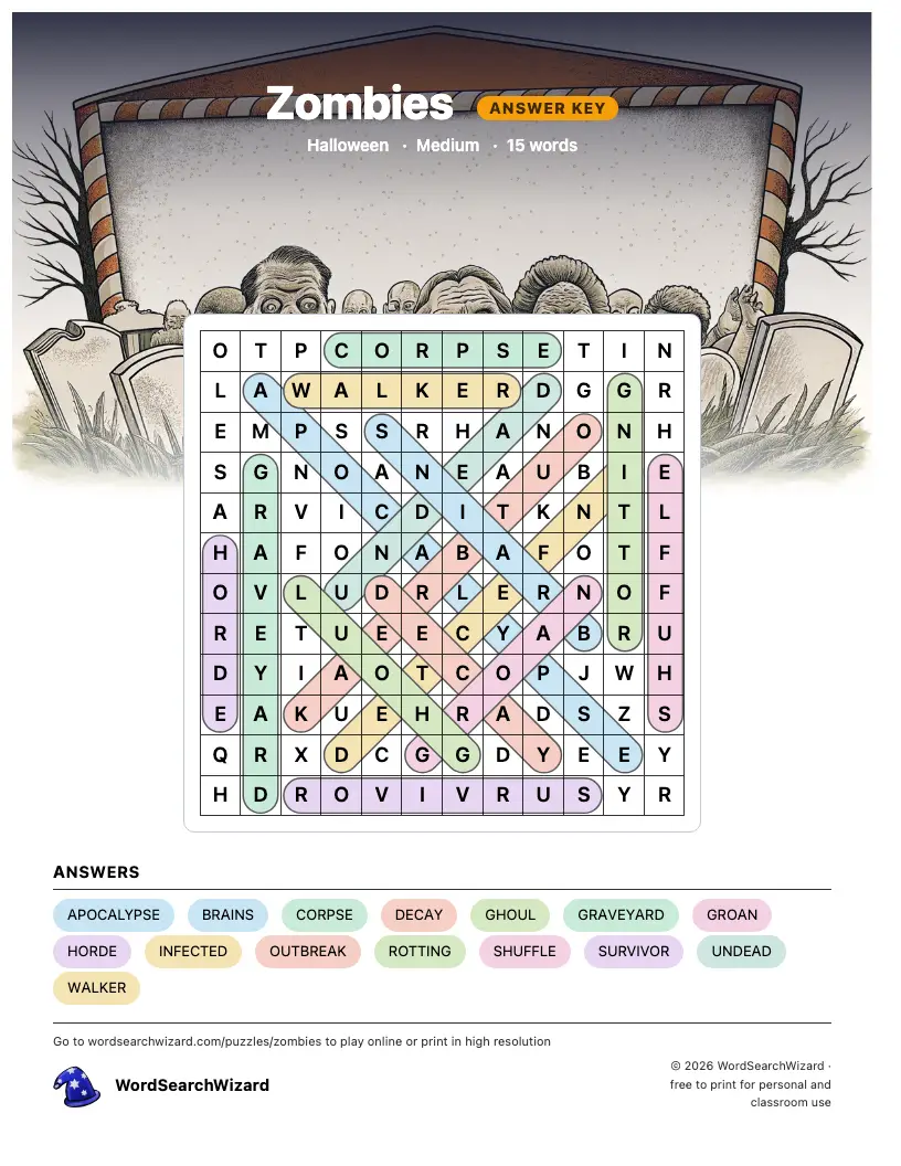 Zombies word search answer key, all 15 words marked