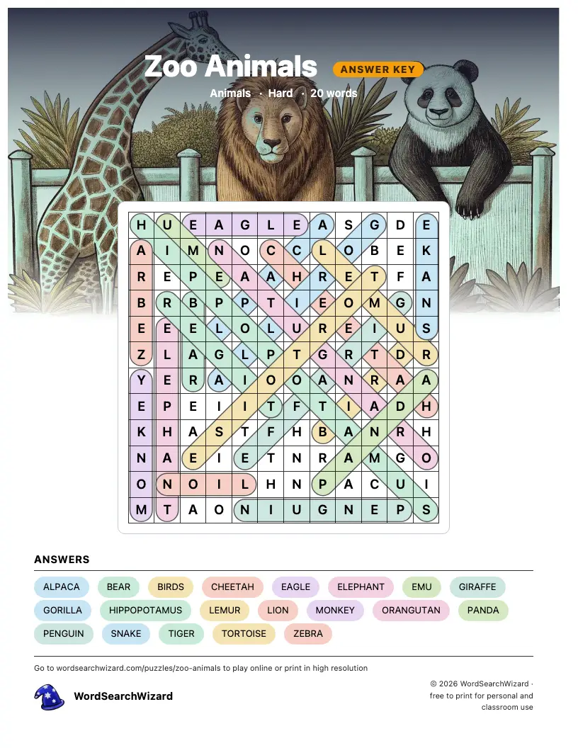 Zoo Animals word search answer key, all 20 words marked