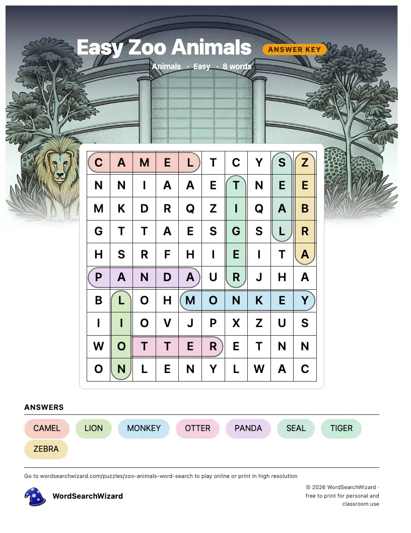 Easy Zoo Animals word search answer key, all 8 words marked