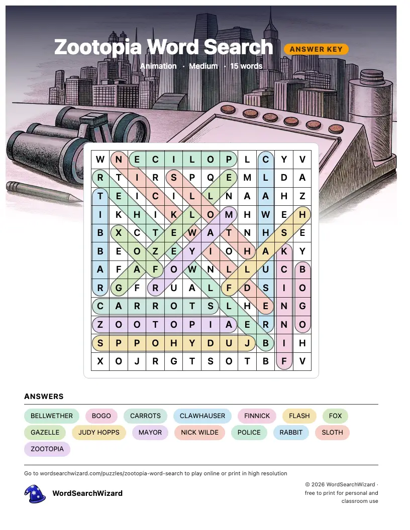 Zootopia word search answer key, all 15 words marked
