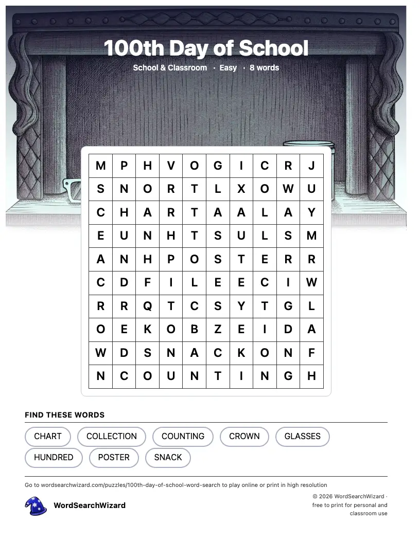 100th Day of School word search printable sheet, 8 words to find