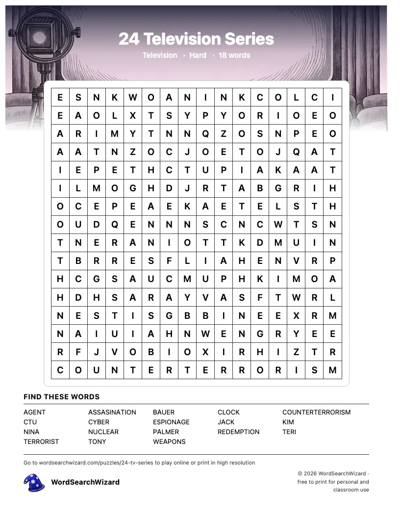 24 Television Series word search printable sheet, 18 words to find