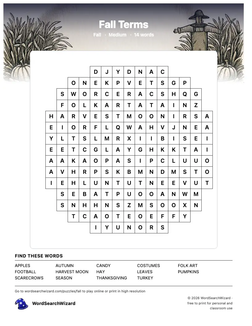 Printable Fall Terms word search puzzle sheet, 14 words to find