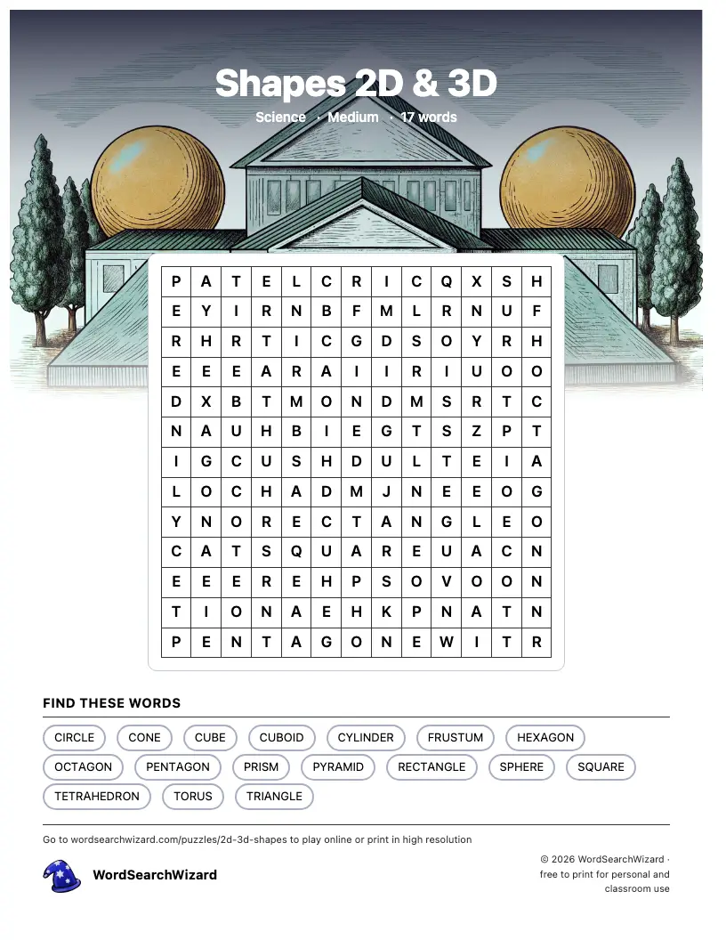 Shapes 2D & 3D word search printable sheet, 17 words to find