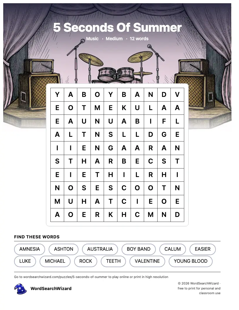 5 Seconds Of Summer word search printable sheet, 12 words to find