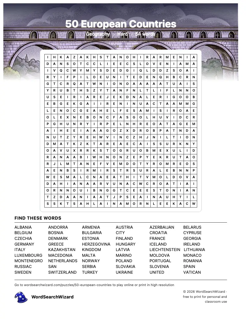 50 European Countries word search printable sheet, 54 words to find