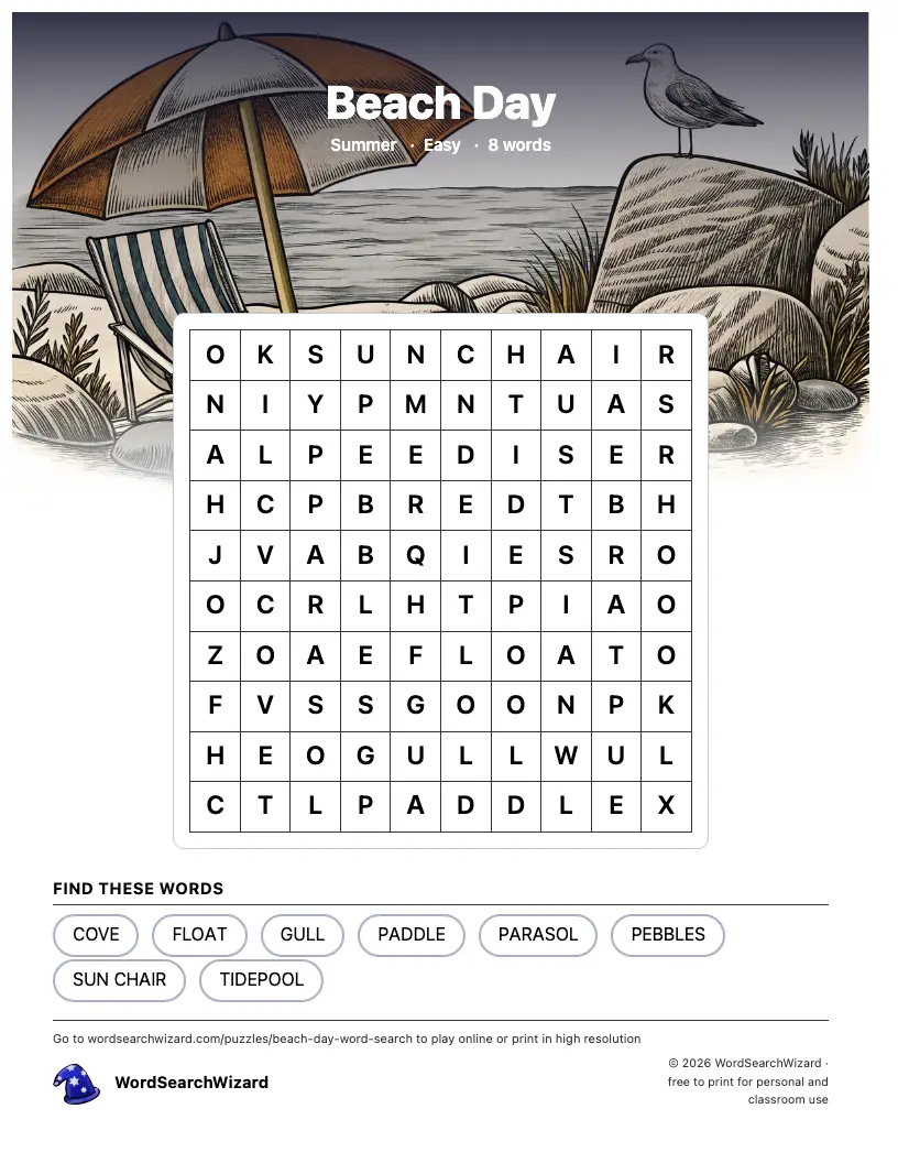 Printable Beach Day word search puzzle sheet, 8 words to find