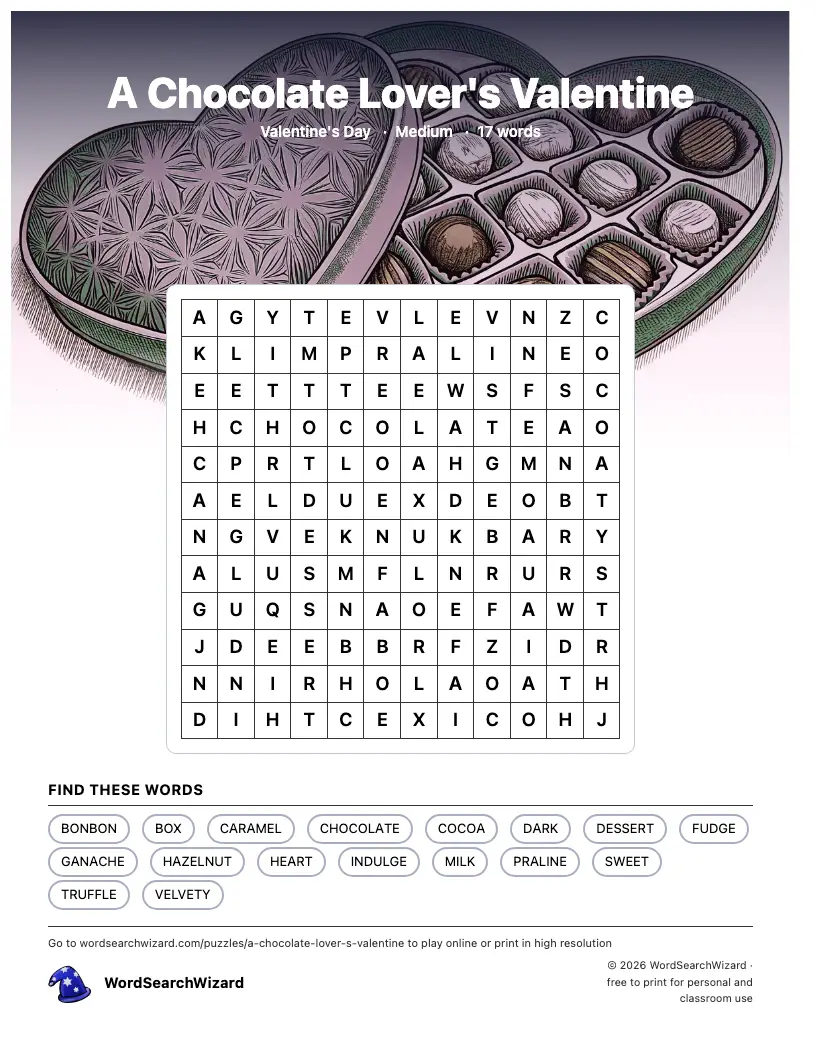 A Chocolate Lover's Valentine word search printable sheet, 17 words to find