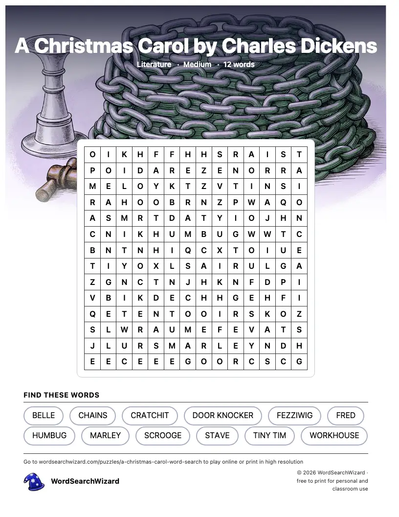 A Christmas Carol by Charles Dickens word search printable sheet, 12 words to find