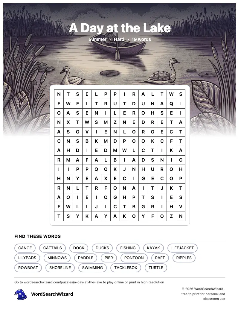 A Day at the Lake word search printable sheet, 19 words to find