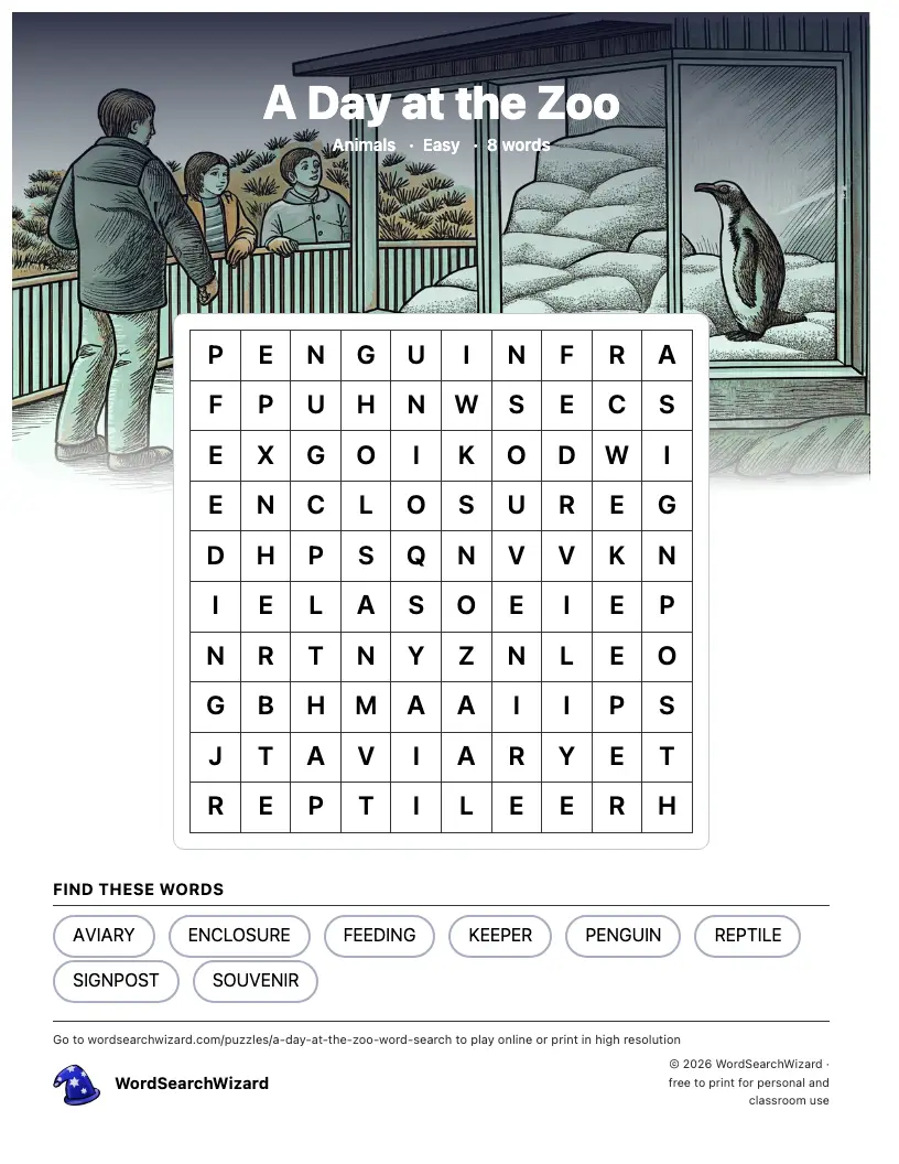 A Day at the Zoo word search printable sheet, 8 words to find