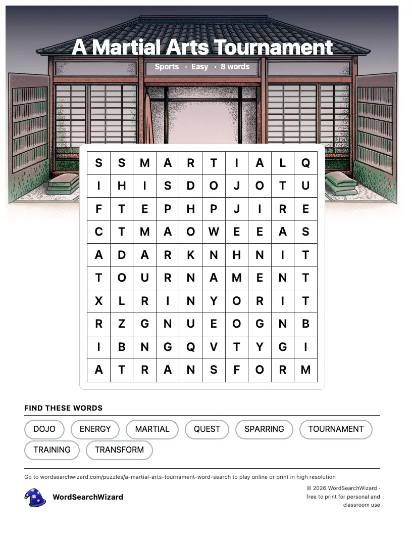A Martial Arts Tournament word search printable sheet, 8 words to find