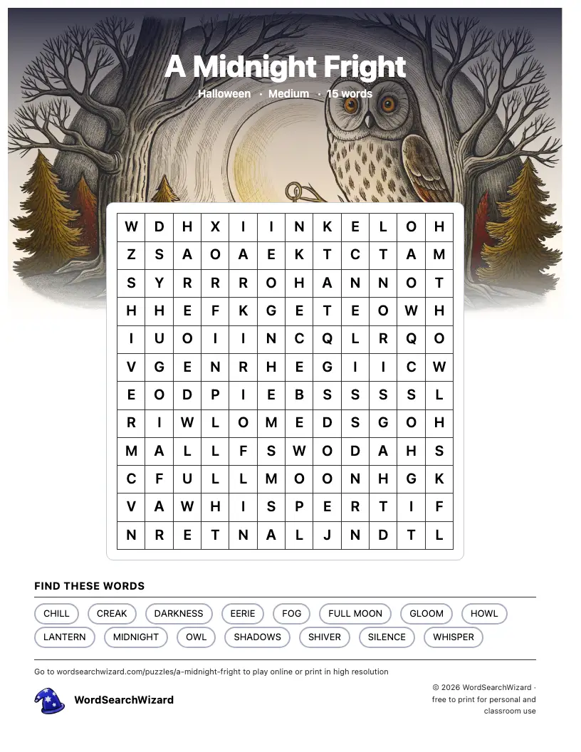 A Midnight Fright word search printable sheet, 15 words to find