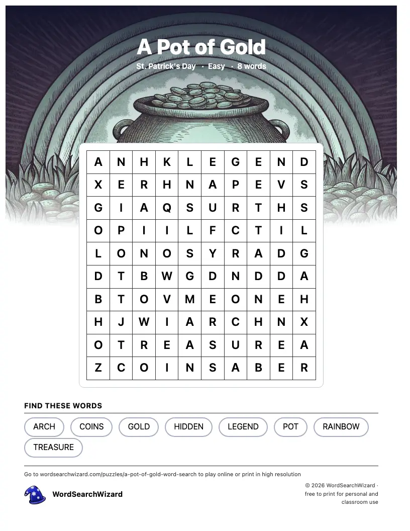 A Pot of Gold word search printable sheet, 8 words to find