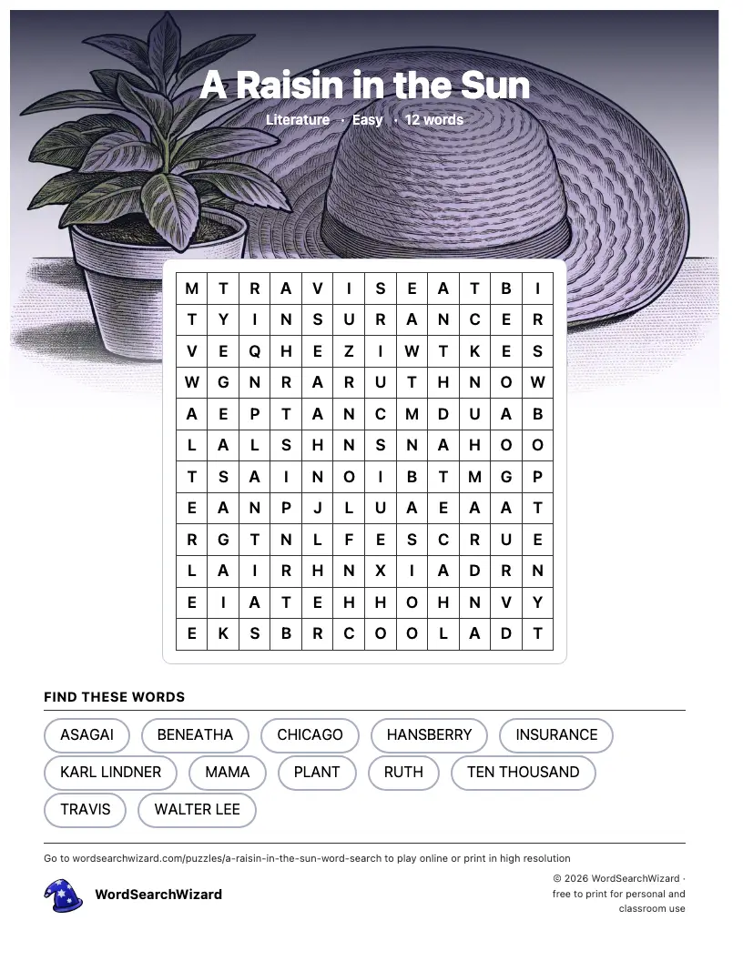 A Raisin in the Sun word search printable sheet, 12 words to find