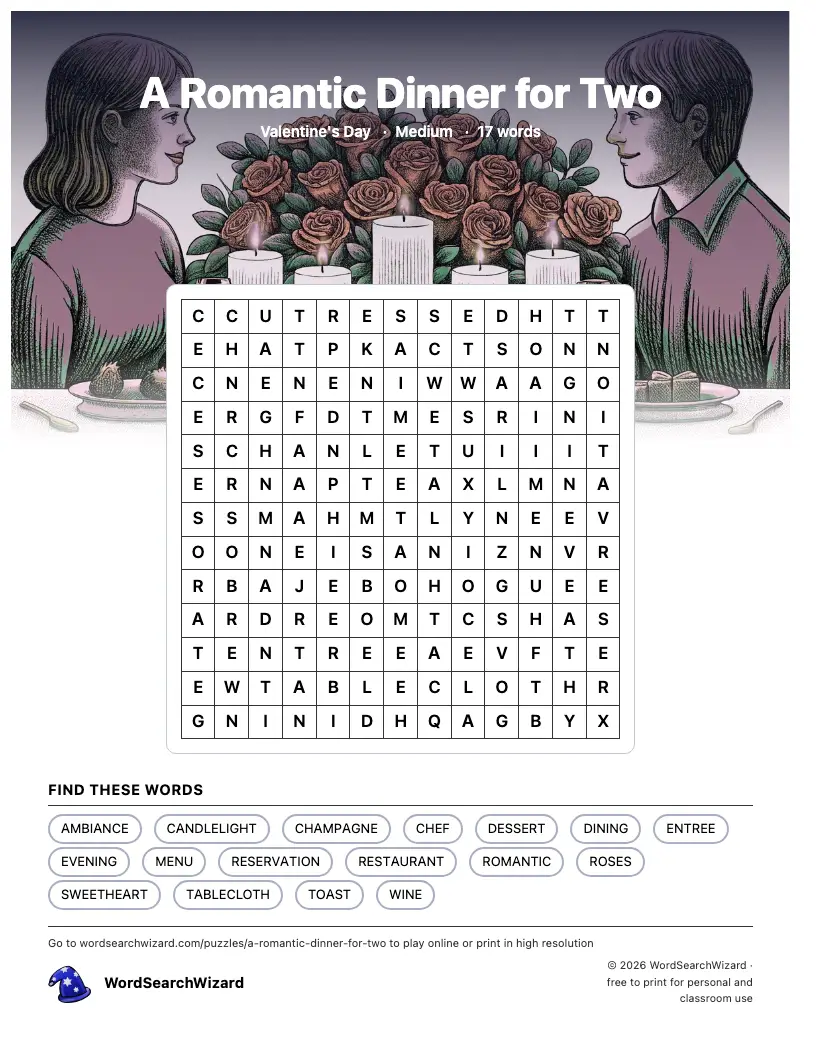 A Romantic Dinner for Two word search printable sheet, 17 words to find