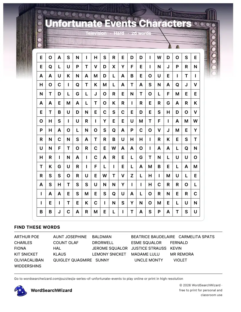 Unfortunate Events Characters word search printable sheet, 26 words to find