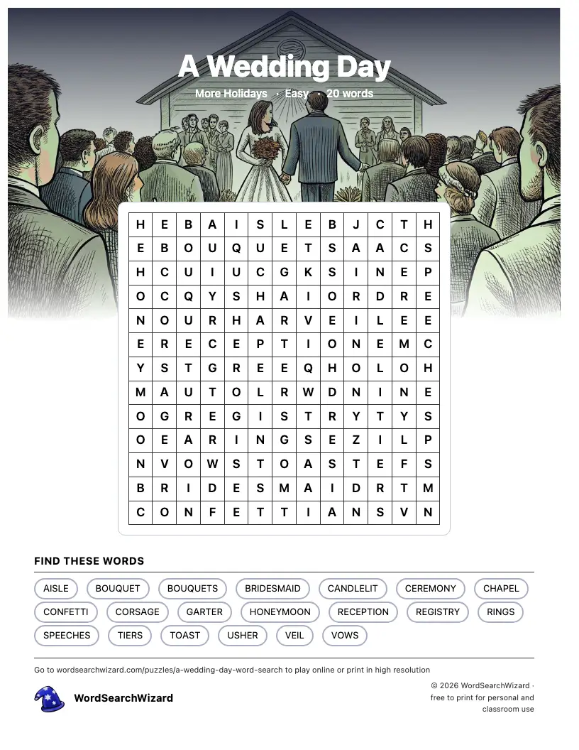 A Wedding Day word search printable sheet, 20 words to find