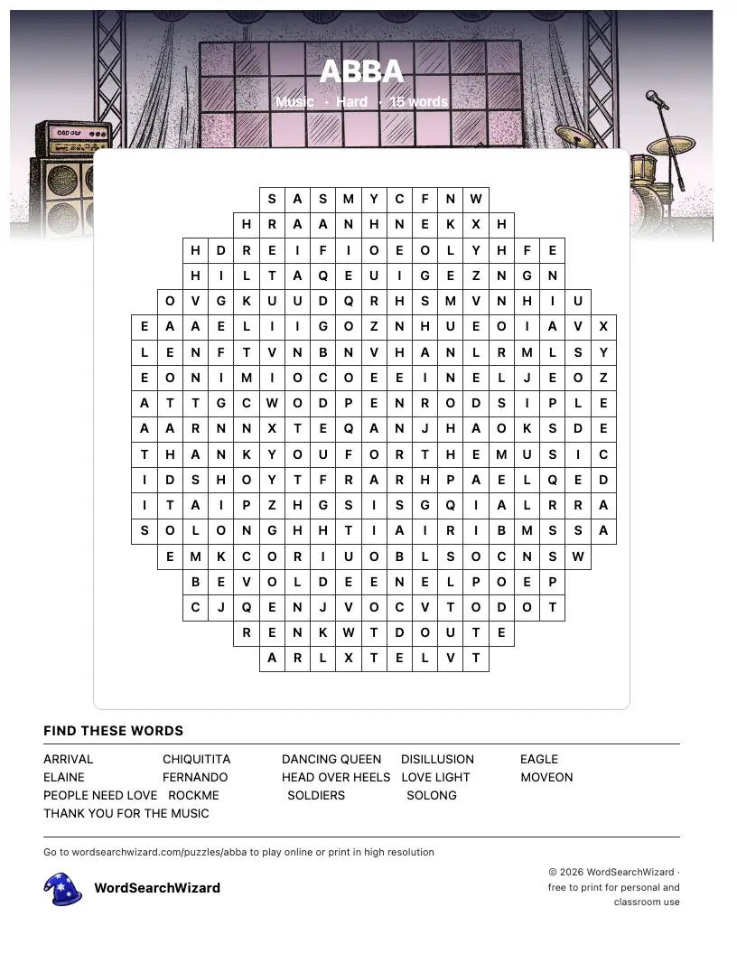 ABBA word search printable sheet, 15 words to find