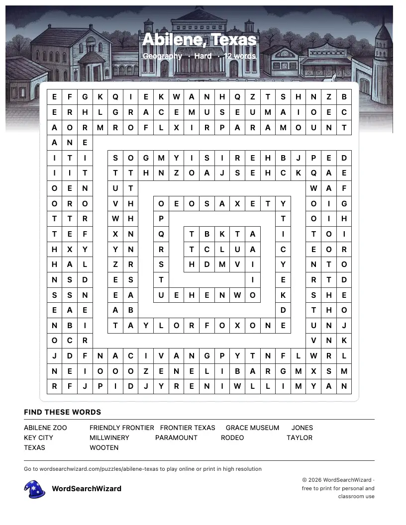 Abilene, Texas word search printable sheet, 12 words to find