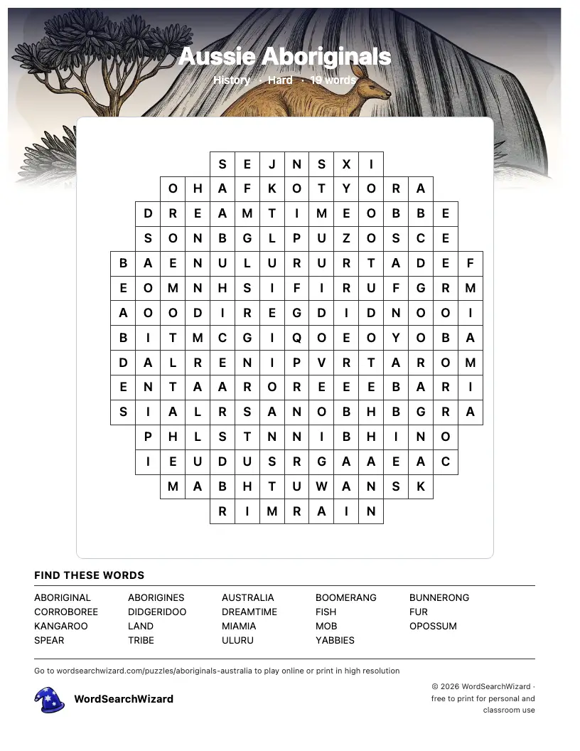 Aussie Aboriginals word search printable sheet, 19 words to find