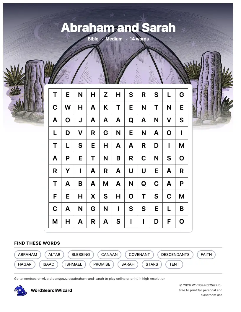 Abraham and Sarah word search printable sheet, 14 words to find