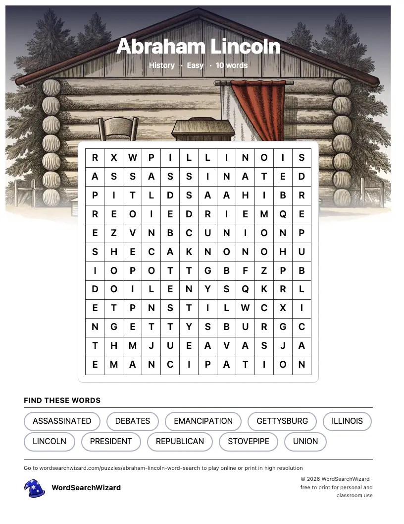 Abraham Lincoln word search printable sheet, 10 words to find