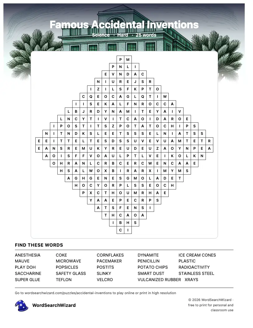Famous Accidental Inventions word search printable sheet, 25 words to find