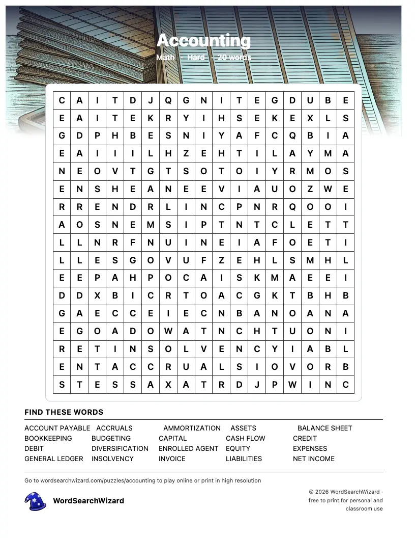 Accounting word search printable sheet, 20 words to find