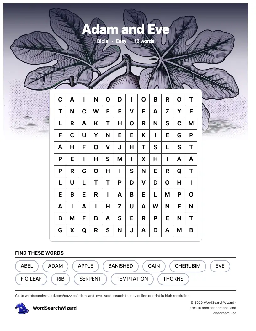 Adam and Eve word search printable sheet, 12 words to find