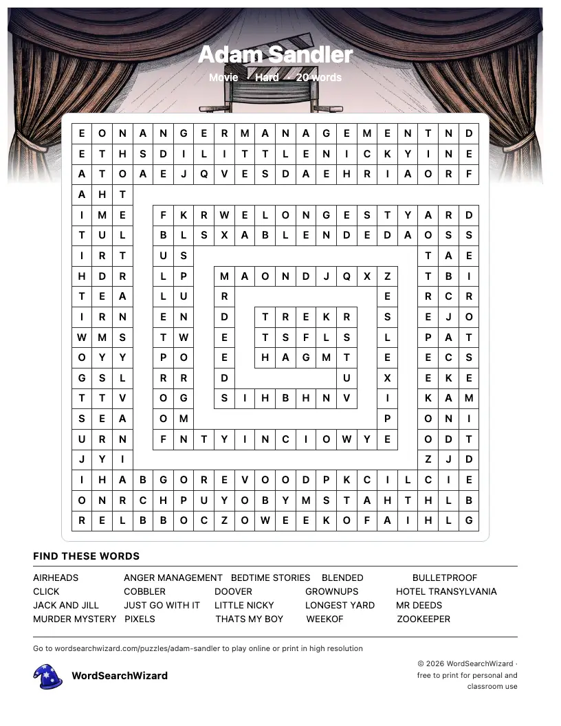 Adam Sandler word search printable sheet, 20 words to find