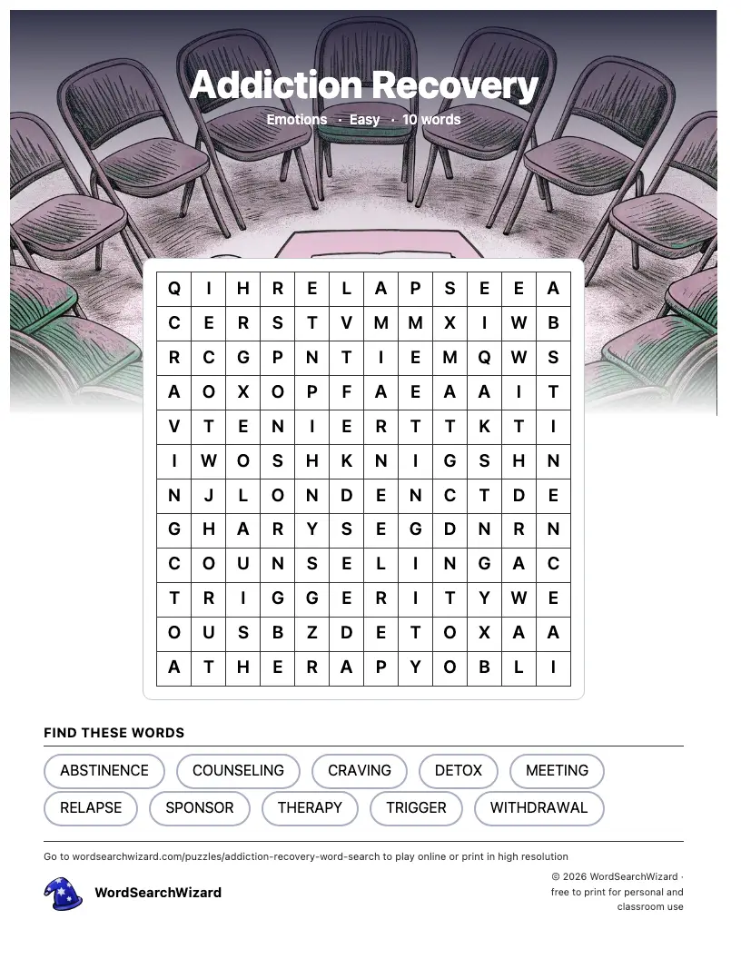 Addiction Recovery word search printable sheet, 10 words to find