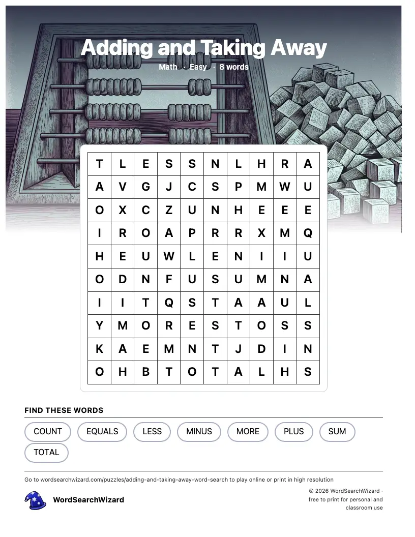 Adding and Taking Away word search printable sheet, 8 words to find