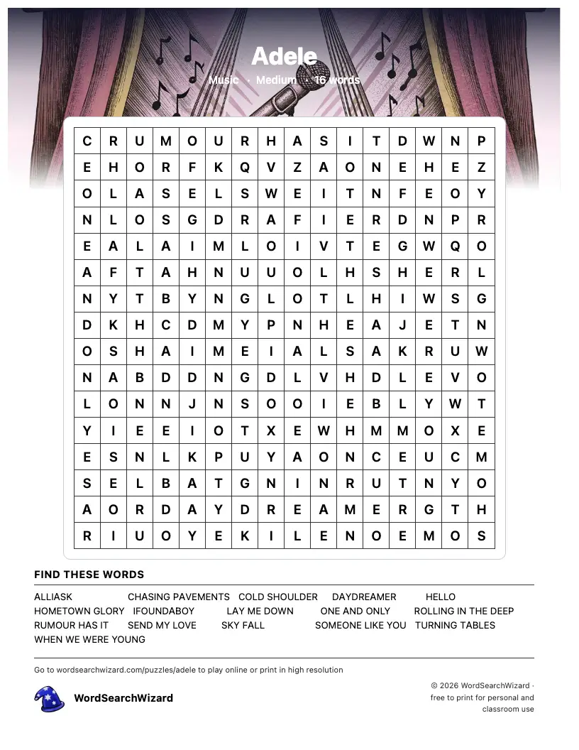 Adele word search printable sheet, 16 words to find