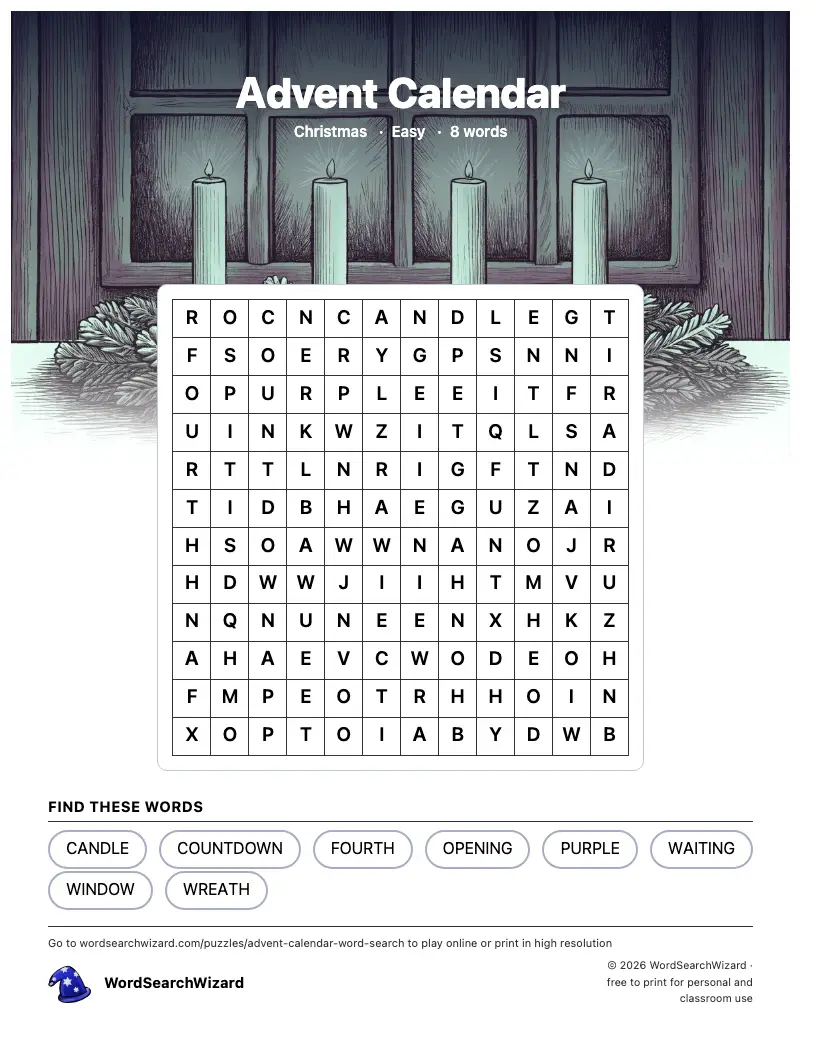Advent Calendar word search printable sheet, 8 words to find