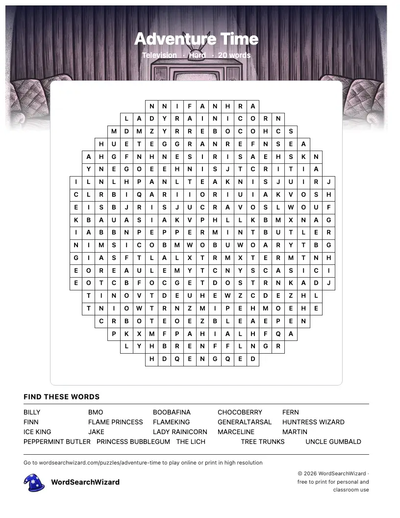 Adventure Time word search printable sheet, 20 words to find