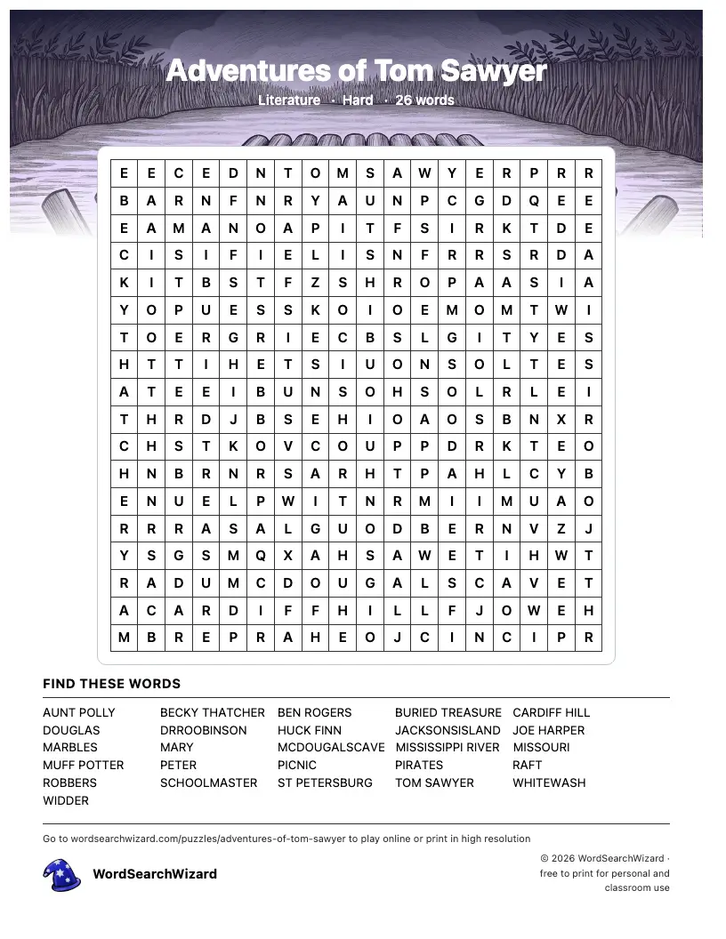 Adventures of Tom Sawyer word search printable sheet, 26 words to find
