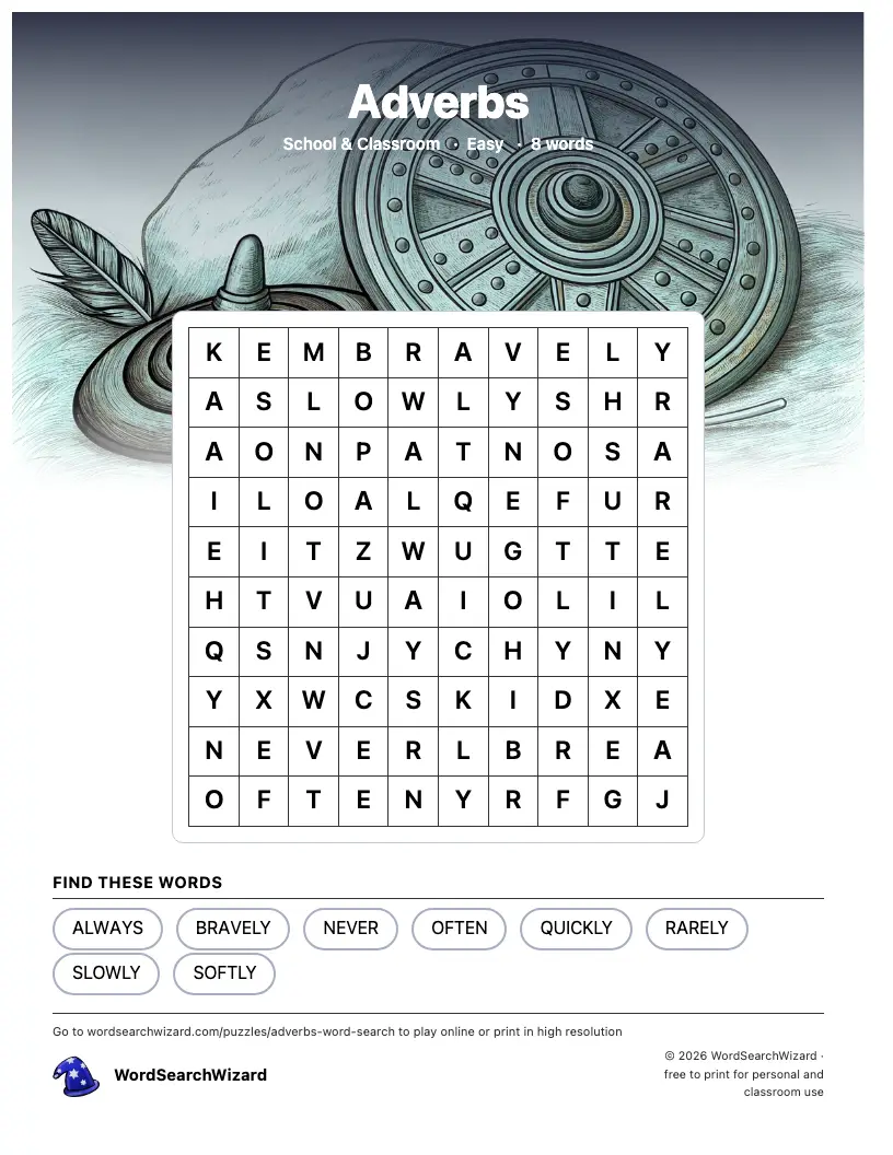 Adverbs word search printable sheet, 8 words to find