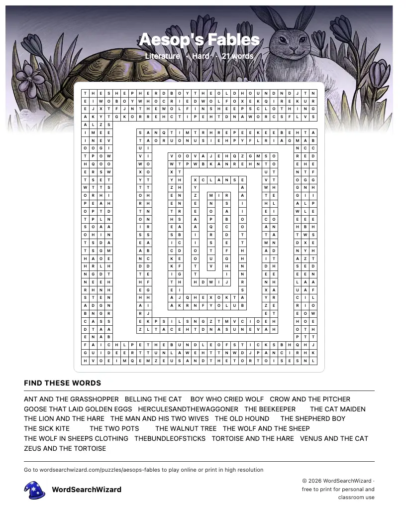 Aesop's Fables word search printable sheet, 21 words to find
