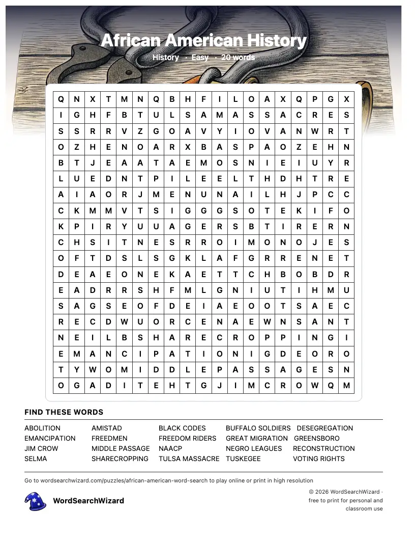African American History word search printable sheet, 20 words to find