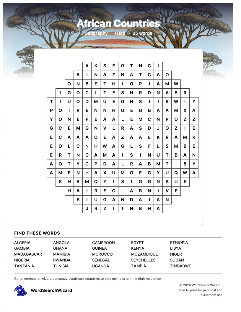 African Countries word search printable sheet, 25 words to find