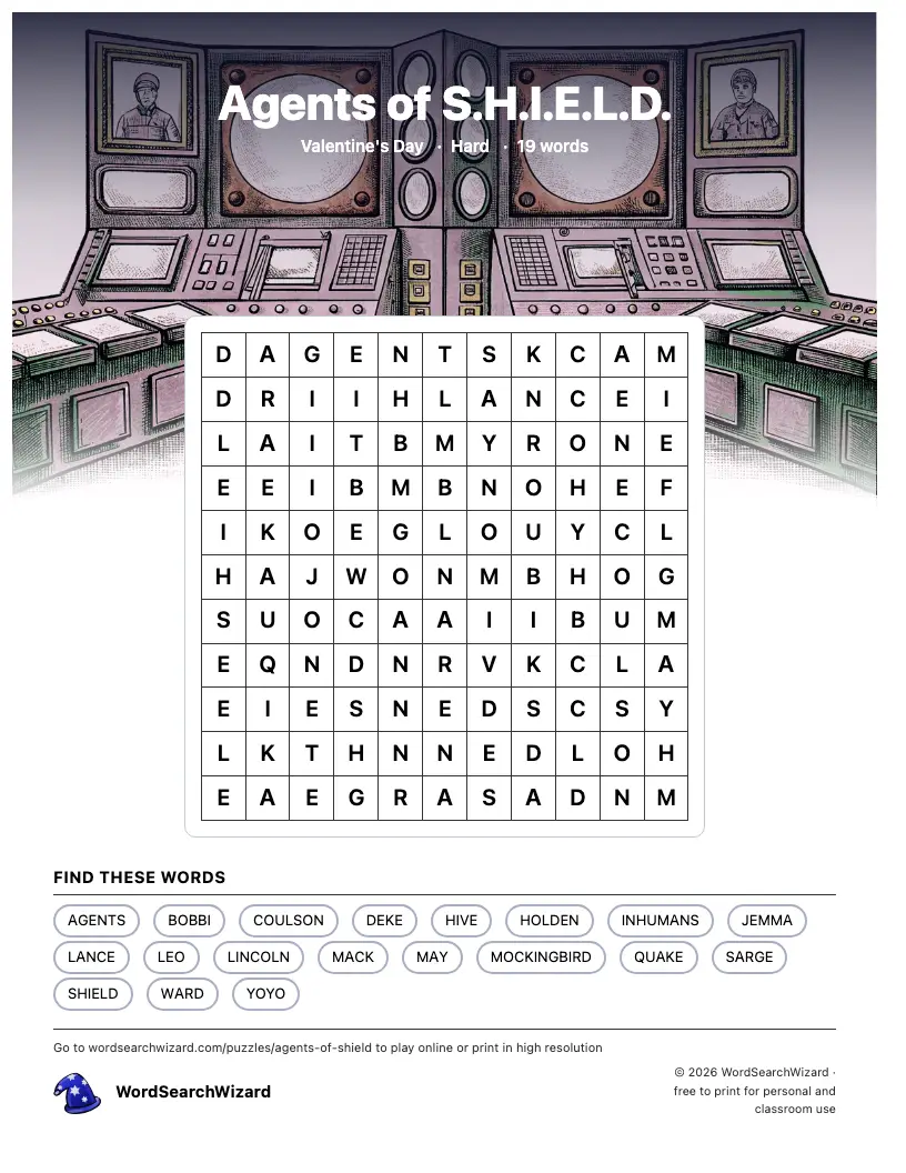 Agents of S.H.I.E.L.D. word search printable sheet, 19 words to find