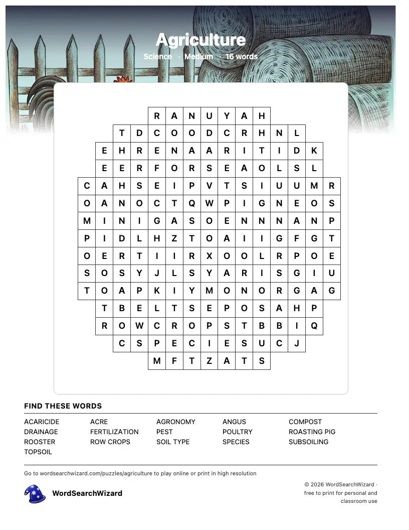 Agriculture word search printable sheet, 16 words to find