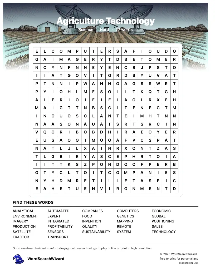 Agriculture Technology word search printable sheet, 27 words to find